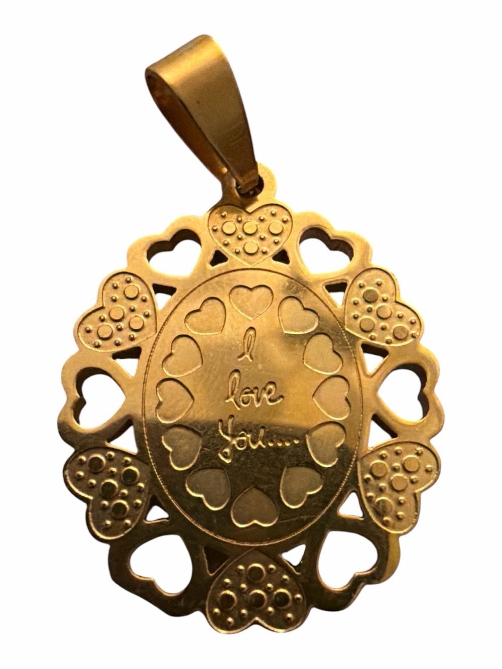 Gold Heart Filigree Pendant - "I Love You"